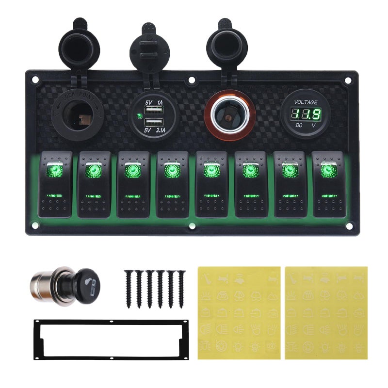 Geloo 8 Gang Marine Rocker Switch Panel, Boat Switch Panel Waterproof, 12V Switch Panel Toggle Switches Panel with LED Circuit Breaker 3.1A USB Charger Voltmeter ON/Off for Car Rvs Vehicles (Green - Image 1